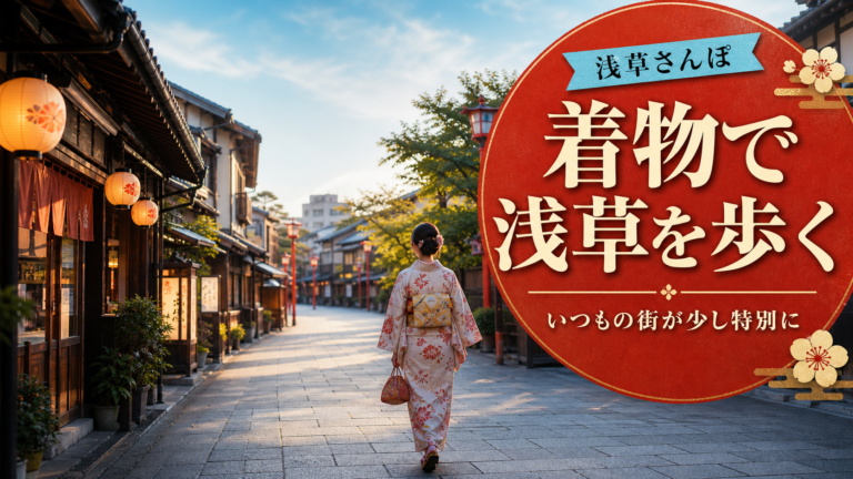 浅草の伝統的な街並みと着物姿の後ろ姿を描いたお出掛けブログのサムネイル