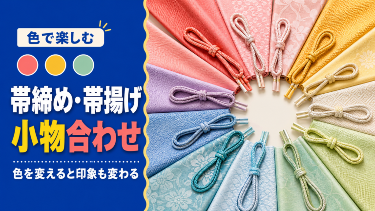 色とりどりの帯締めと帯揚げを扇状に並べた小物合わせブログのサムネイル