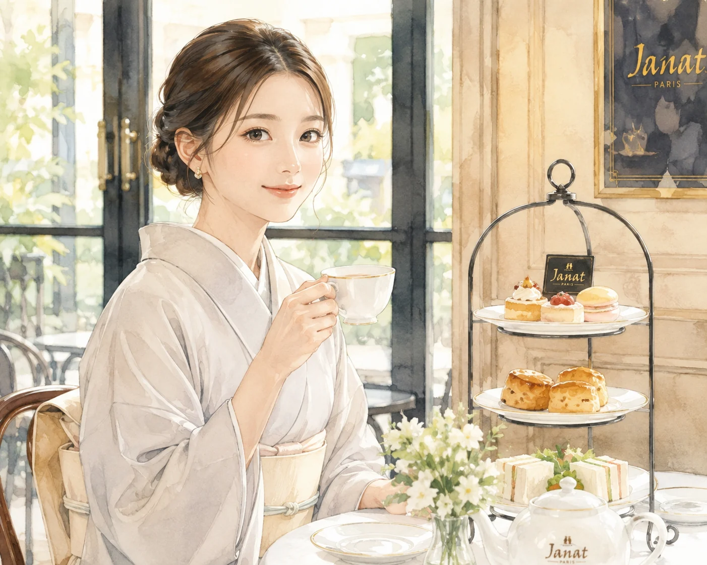 着物姿で紅茶とアフタヌーンティーを楽しむイメージ