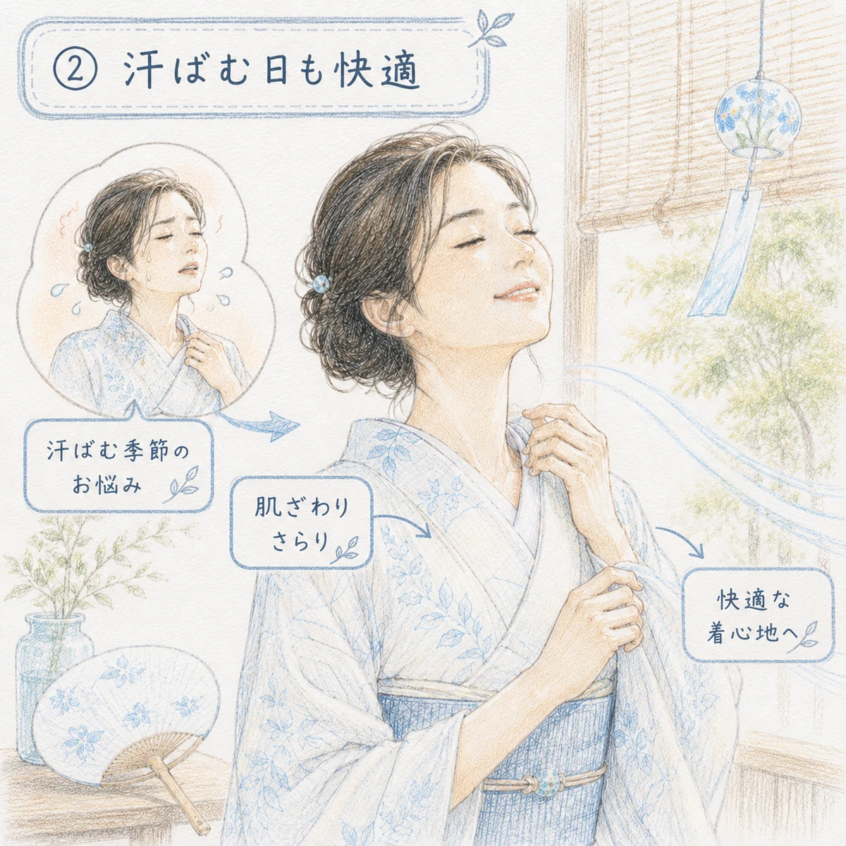 汗ばむ季節に爽竹の長襦袢を着る女性