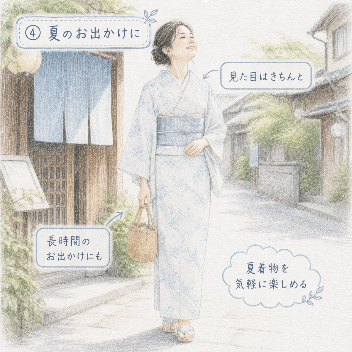 夏着物で街へ出かける女性